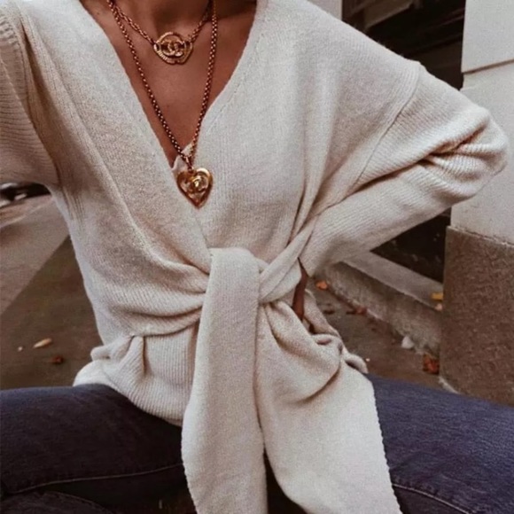 Sweaters - Ivory Side Tie Faux Wrap Knit Sweater